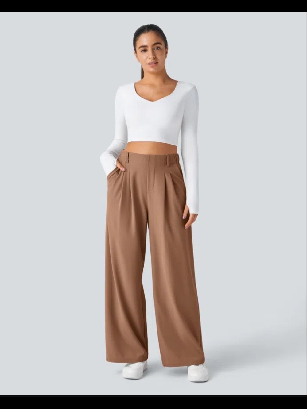 NWT Large HALARA High-Waist Wide Leg Trousers in Camel Brown - Picture 2 of 6
